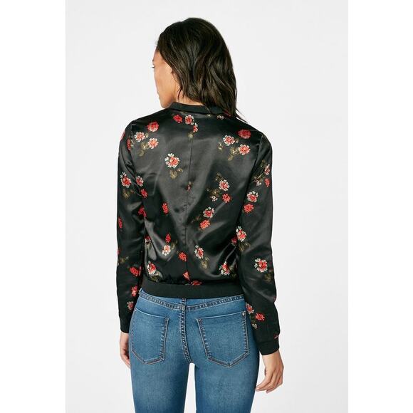 JUSTFAB Womens Satiny Black Floral Print Bomber Jacket Size Small European Retro - Picture 5 of 7